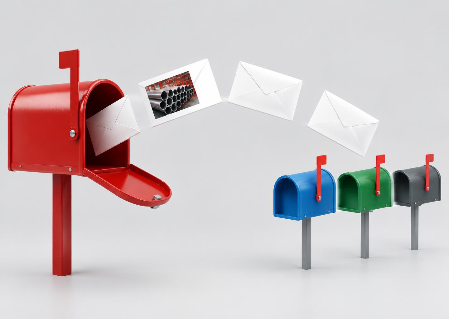 Buzón enviando sobres a varios destinatarios, como ejemplo de una campaña mensual de correo
