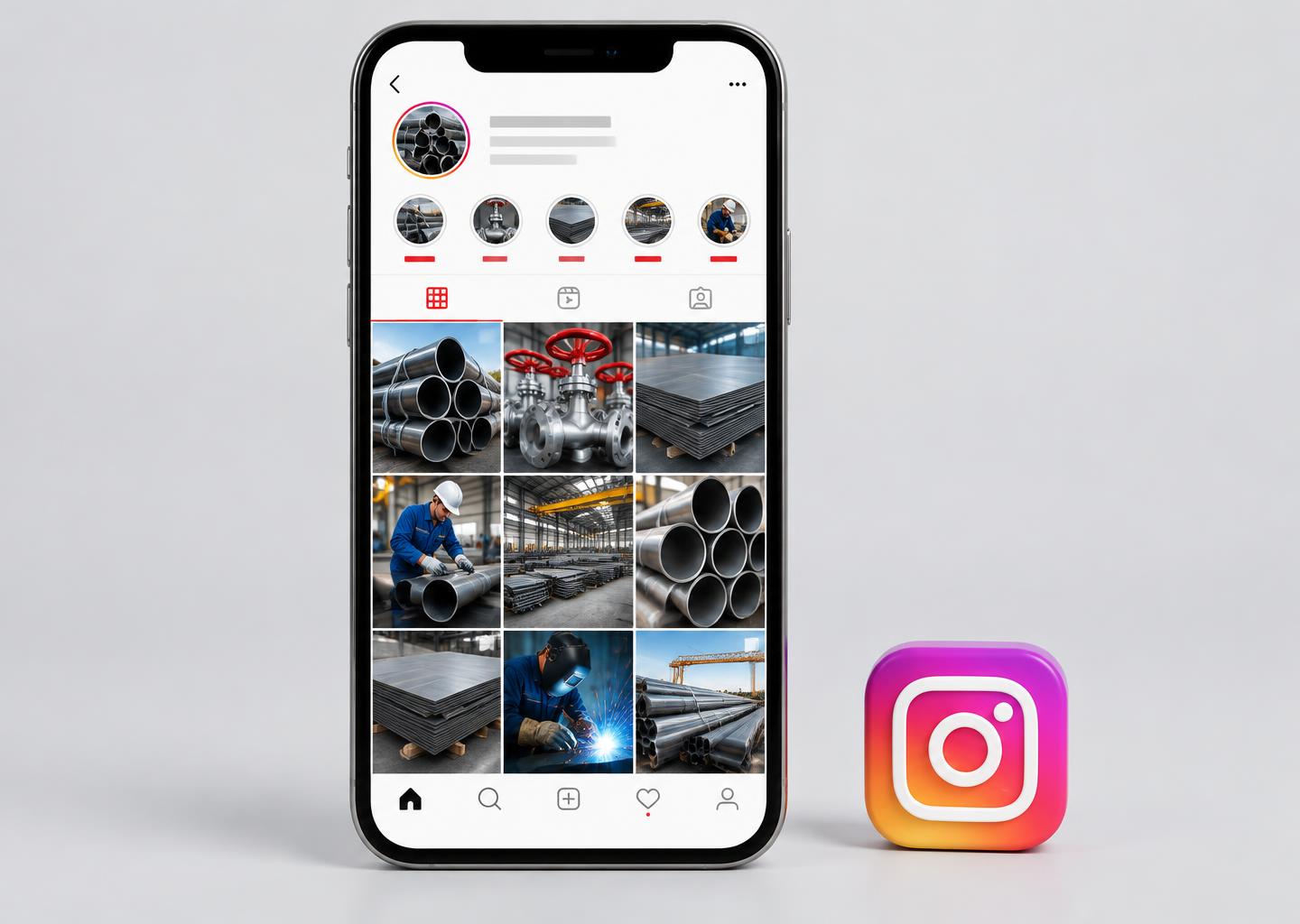 Teléfono con un perfil ilustrativo de productos industriales junto al símbolo de Instagram