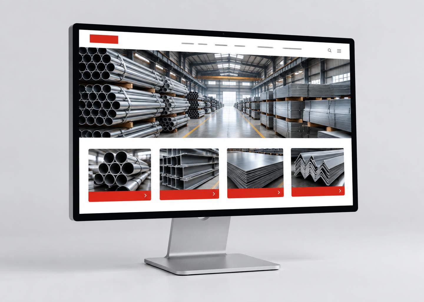 Computadora mostrando un ejemplo de sitio web con tuberías, láminas y productos industriales